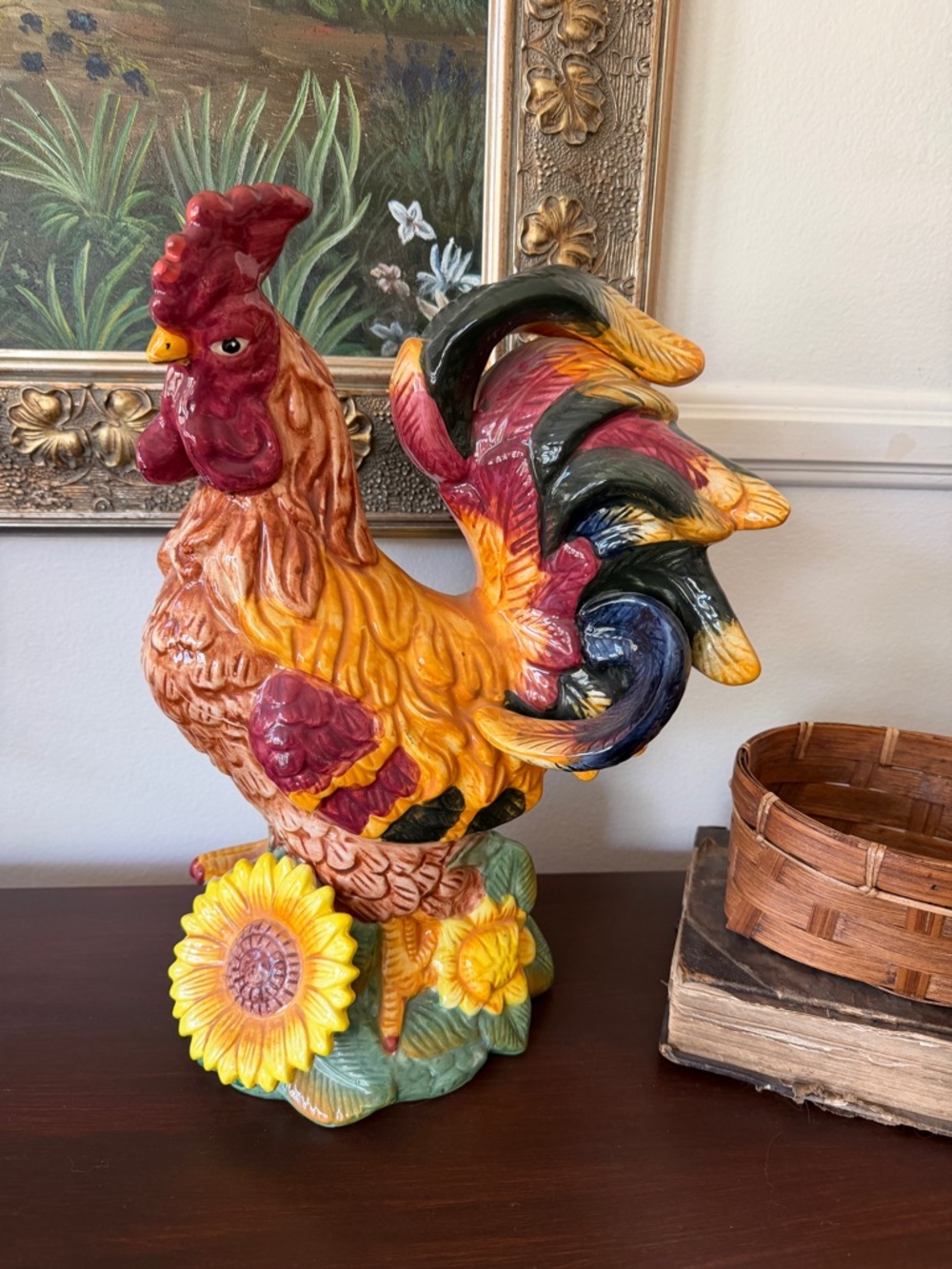 Vintage 1970s Colorful Ceramic Rooster Figurine